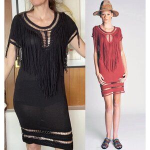 MALANDRINO Fringe & metal Chain Dress 46 10 8 beach cover up Catherine black